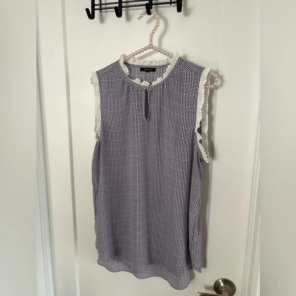 Sleeveless Blue Check Ruffle-Trim Top - Picture 3 of 8